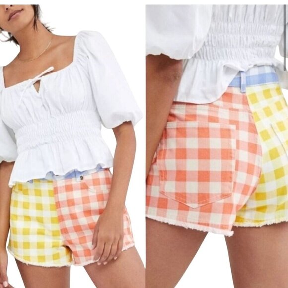 Anthropologie X Farm Rio Gingham Color Block High Waist Shorts Size M - Picture 4 of 14